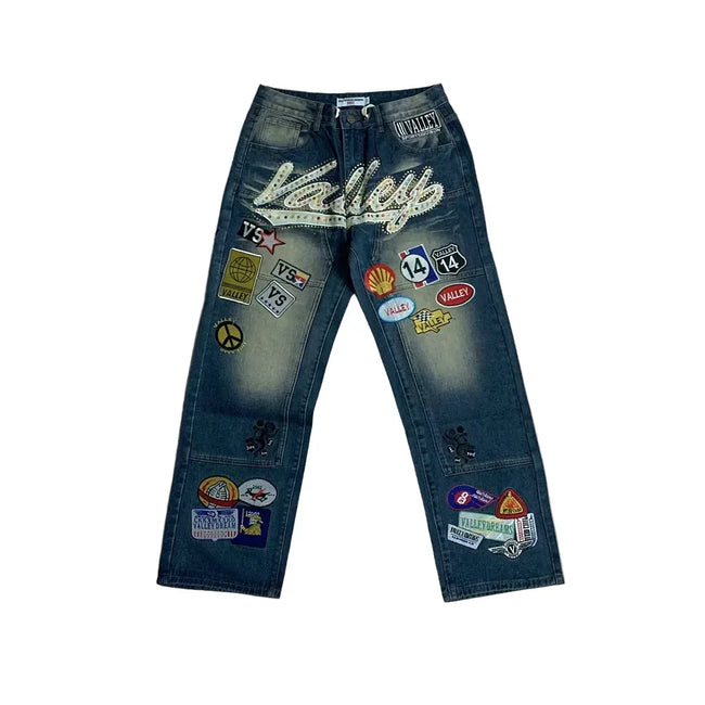 Vale Forever Rhinestone Patchwork Oversized Blue Denim Jeans Hover Image