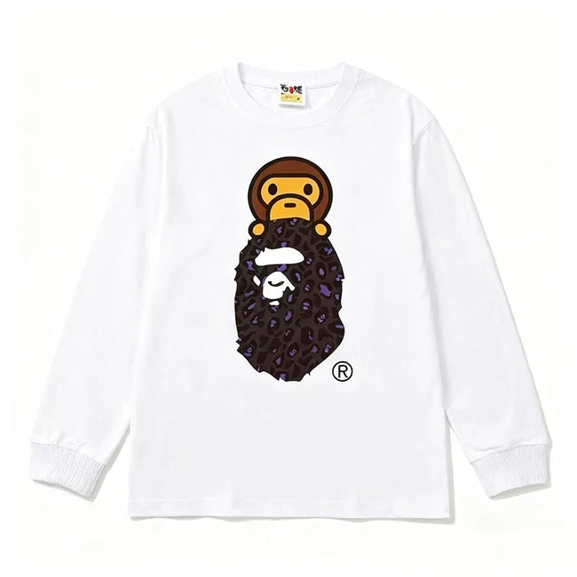 BAPE Style Baby Milo on Dark Leopard Camo Ape Head Long-Sleeve Tee - White/Dark Leopard Hover Image