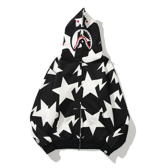 BAPE Shark Black White Star Camo Full‑Zip Hoodie Hover Image