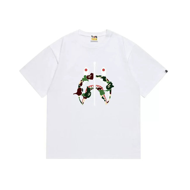 BAPE Style Camo Shark Full-Zip Motif Short-Sleeve Tee - White/Classic Green Hover Image