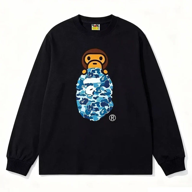 BAPE Style Baby Milo Peeking on Camo Ape Head Long-Sleeve Tee - Black/Blue Hover Image